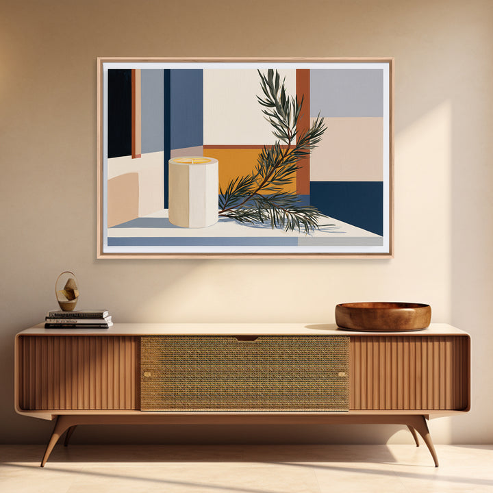 Hygge Candle and Pine Branch Still Life Framed Canvas Print, Scandinavian Art, Digital Wall Art, Living Room Decor, Nordic, SCA-3x2-80