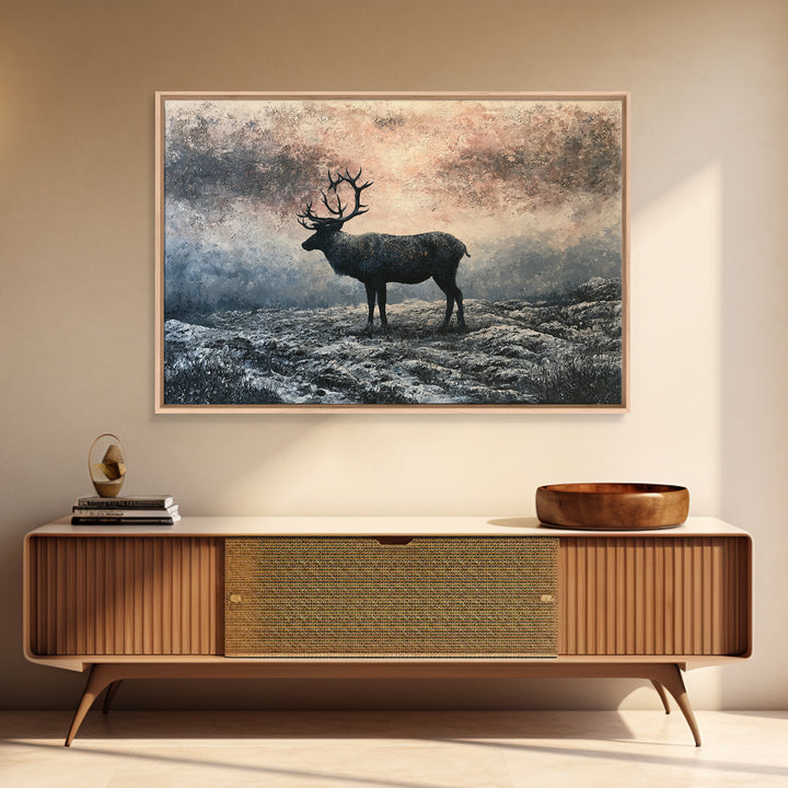 Reindeer Silhouette in Snowy Landscape Framed Canvas Print, Scandinavian Art, Statement Artwork, Living Room Decor, Nordic, SCA-3x2-82