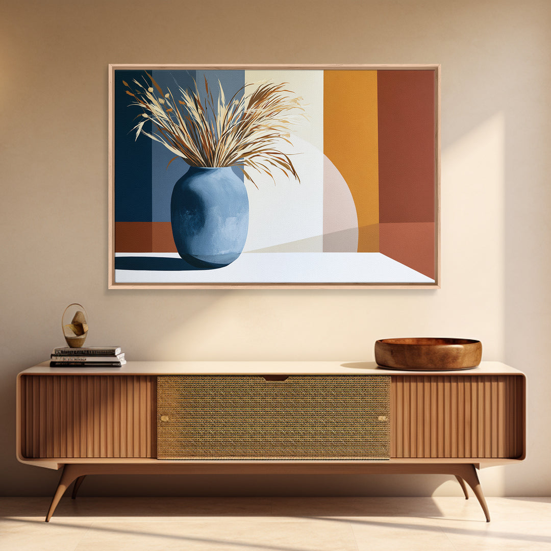 Ceramic Vase with Dried Grasses Canvas Print, Scandinavian Art, Living Room Decor, Oil Painting, Nordic, Wall Hanging, SCA-3x2-89