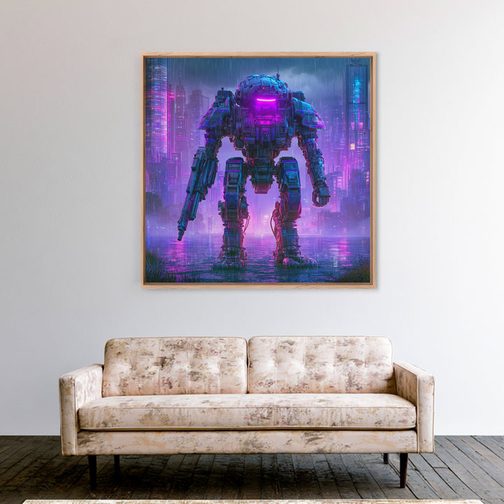 Mech Silhouette in Rainy Neon City Canvas Print, Scifi Art, Retro Wall Art, Living Room Decor, Oil Painting, Orbit, Fantasy Art, SCI-1x1-15