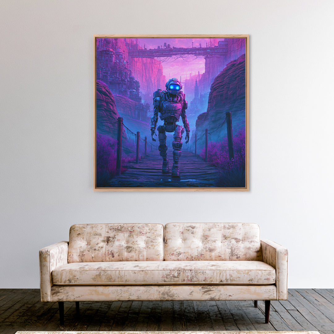Robot Companion Crossing a Red Canyon Framed Canvas Print, Scifi Art, Decor, Living Room Decor, Orbit, Mid Century Art, SCI-1x1-28