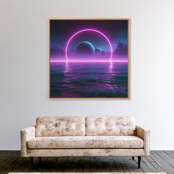 Alien Ocean with Two Moons Framed Canvas Print, Scifi Art, Boho Decor, Living Room Decor, Fine Art, Orbit, Wall Decor, SCI-1x1-37