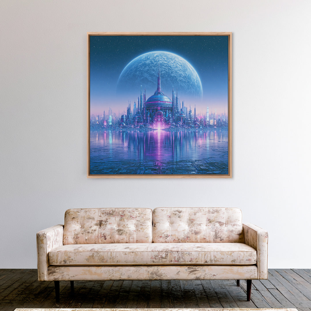 Moon Colony Beneath Earth Rise Framed Canvas Print, Scifi Art, Weird Art, Living Room Decor, Abstract Art, Orbit, Art Print, SCI-1x1-42