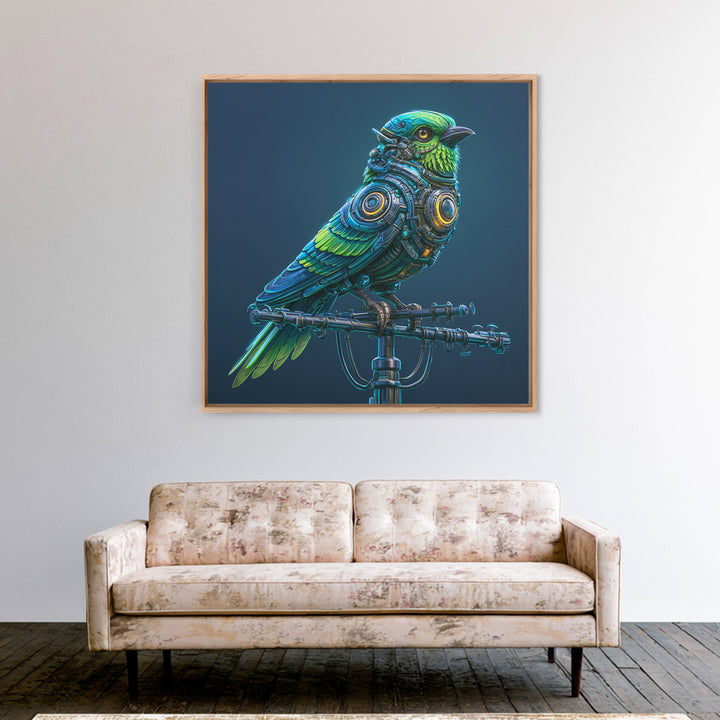Robot Bird Perched on Antenna Framed Canvas Print, Scifi Art, Modern Art, Living Room Decor, Orbit, Retro Futurism Art, SCI-1x1-47