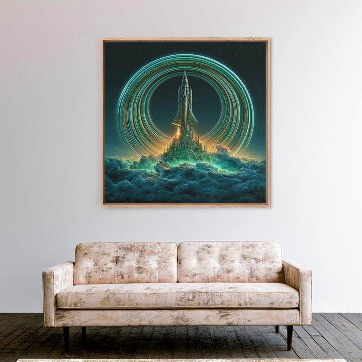 Retro Rocket Launching Through Cloud Rings Framed Canvas Print, Scifi Art, Boho Decor, Living Room Decor, Oil Painting, Orbit, SCI-1x1-79