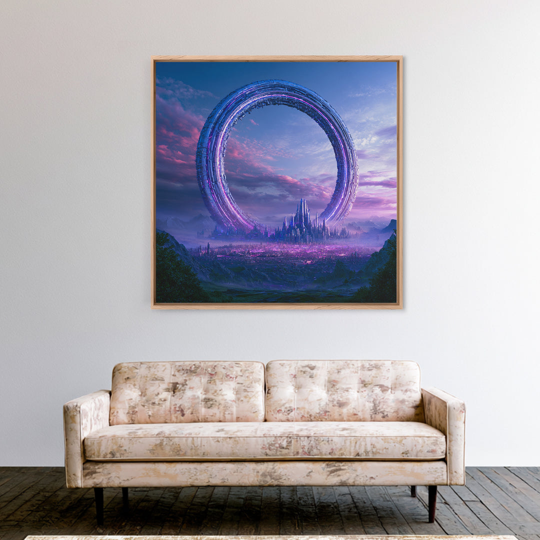 Giant Ring World Seen from a Valley Framed Canvas Print, Scifi Art, Fine Art Print, Living Room Decor, Fine Art, Orbit, SCI-1x1-80