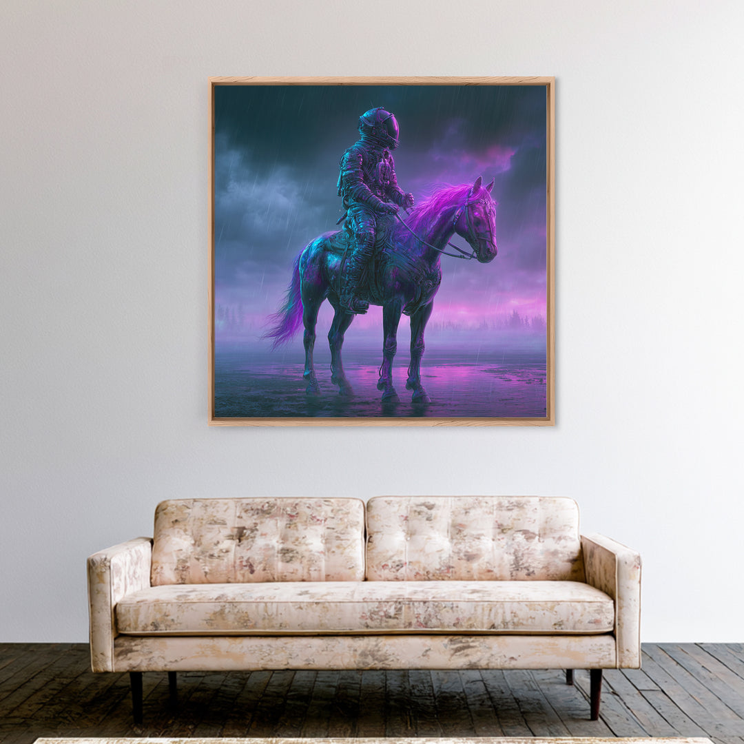 Space Explorer Horse Rider on Distant Planet Framed Canvas Print, Scifi Art, Wall Art, Living Room Decor, Oil Painting, Orbit, SCI-1x1-93