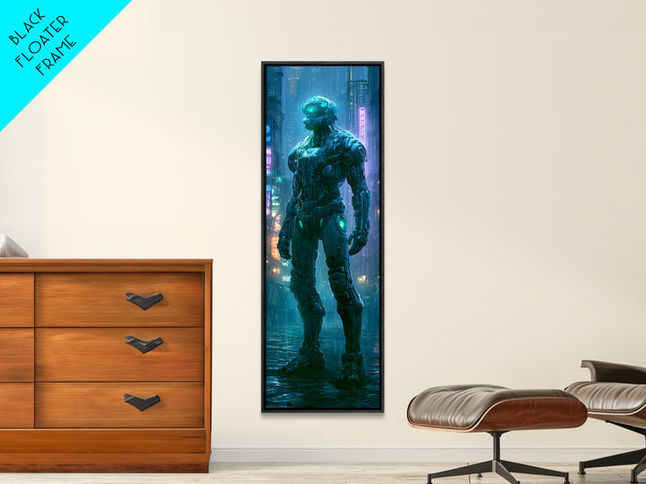 Mech Silhouette in Rainy Neon City Canvas Print, Scifi Art, Weird Art, Living Room Decor, Abstract Art, Orbit, Art Print, SCI-1x3-51