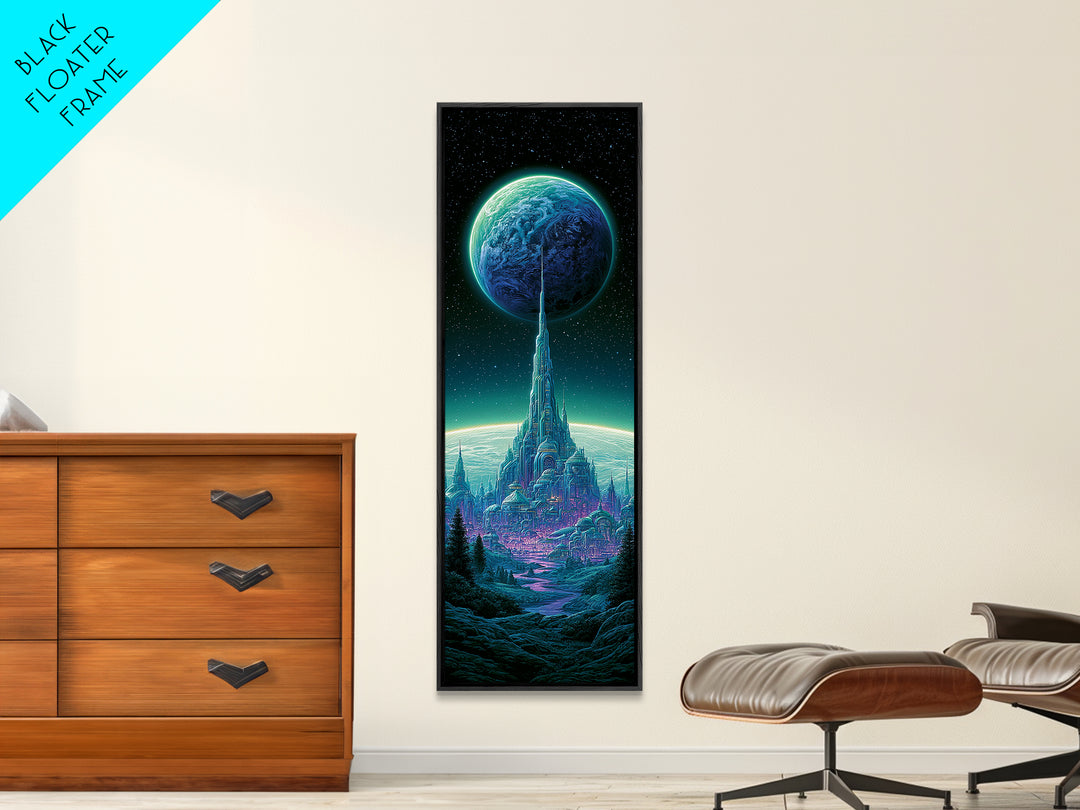 Moon Colony Beneath Earth Rise Framed Canvas Print, Scifi Art, Retro Futurism Art, Living Room Decor, Oil Painting, Orbit, SCI-1x3-54