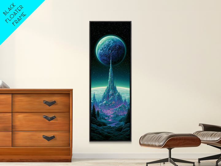Moon Colony Beneath Earth Rise Framed Canvas Print, Scifi Art, Retro Futurism Art, Living Room Decor, Oil Painting, Orbit, SCI-1x3-54