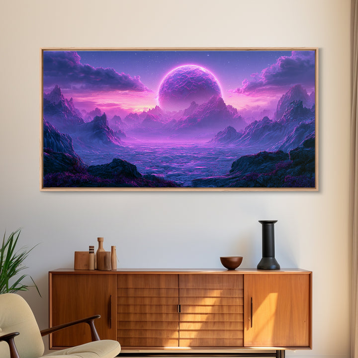Planetary Sunrise over Ice Cliffs Framed Canvas Print, Scifi Art, Art Print, Living Room Decor, Fine Art, Orbit, Digital Art, SCI-2x1-18