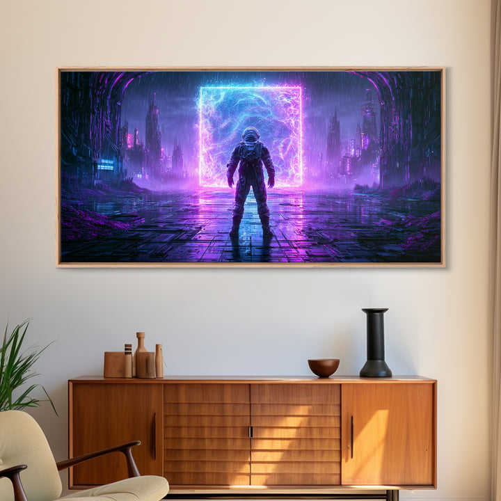 Astronaut Standing Before a Glowing Monolith Canvas Print, Scifi Art, Room Decor, Living Room Decor, Fine Art, Orbit, SCI-2x1-22