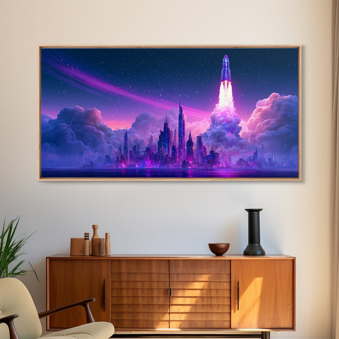 Retro Rocket Launching Through Cloud Rings Framed Canvas Print, Scifi Art, Boho Decor, Living Room Decor, Oil Painting, Orbit, SCI-2x1-27