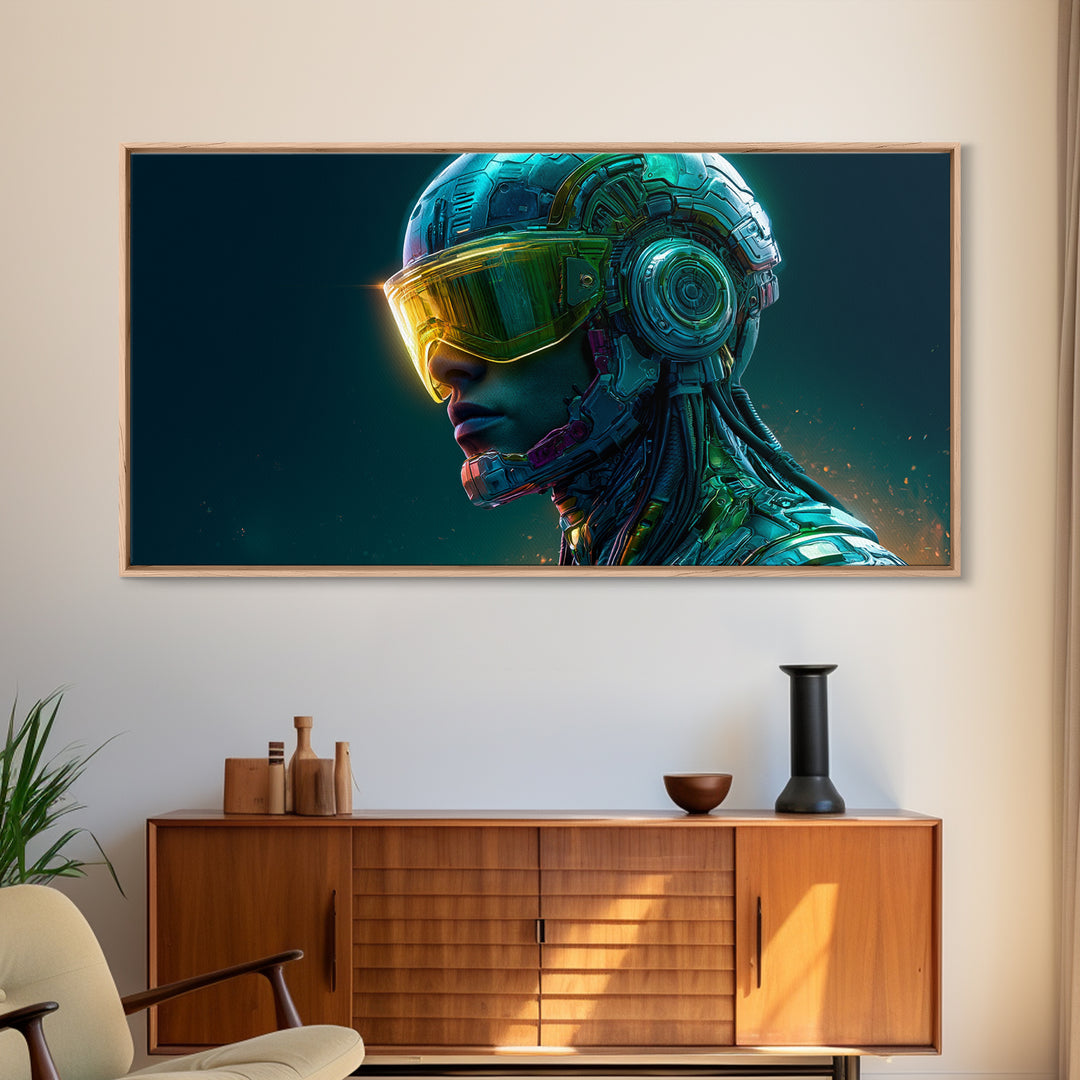 Cyborg Portrait with Reflective Visor Framed Canvas Print, Scifi Art, Original Art, Living Room Decor, Fine Art, Orbit, SCI-2x1-29