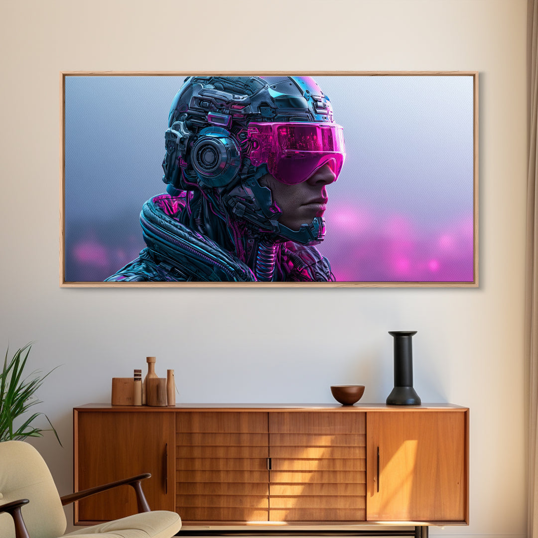 Cyborg Portrait with Reflective Visor Framed Canvas Print, Scifi Art, Original Art, Living Room Decor, Fine Art, Orbit, SCI-2x1-5