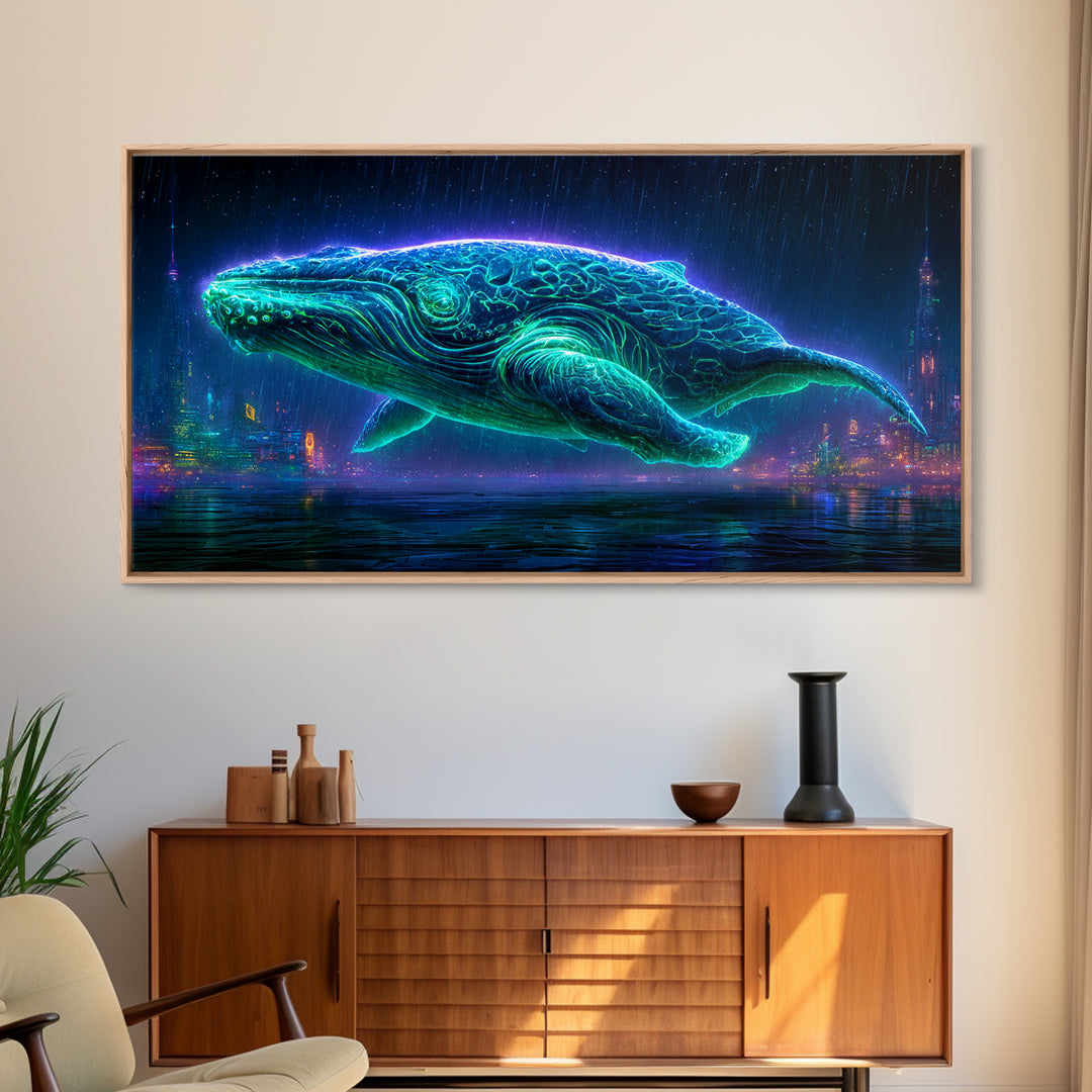 Cosmic Whale Swimming Through Deep Space Framed Canvas Print, Scifi Art, Decor, Living Room Decor, Oil Painting, Orbit, SCI-2x1-60