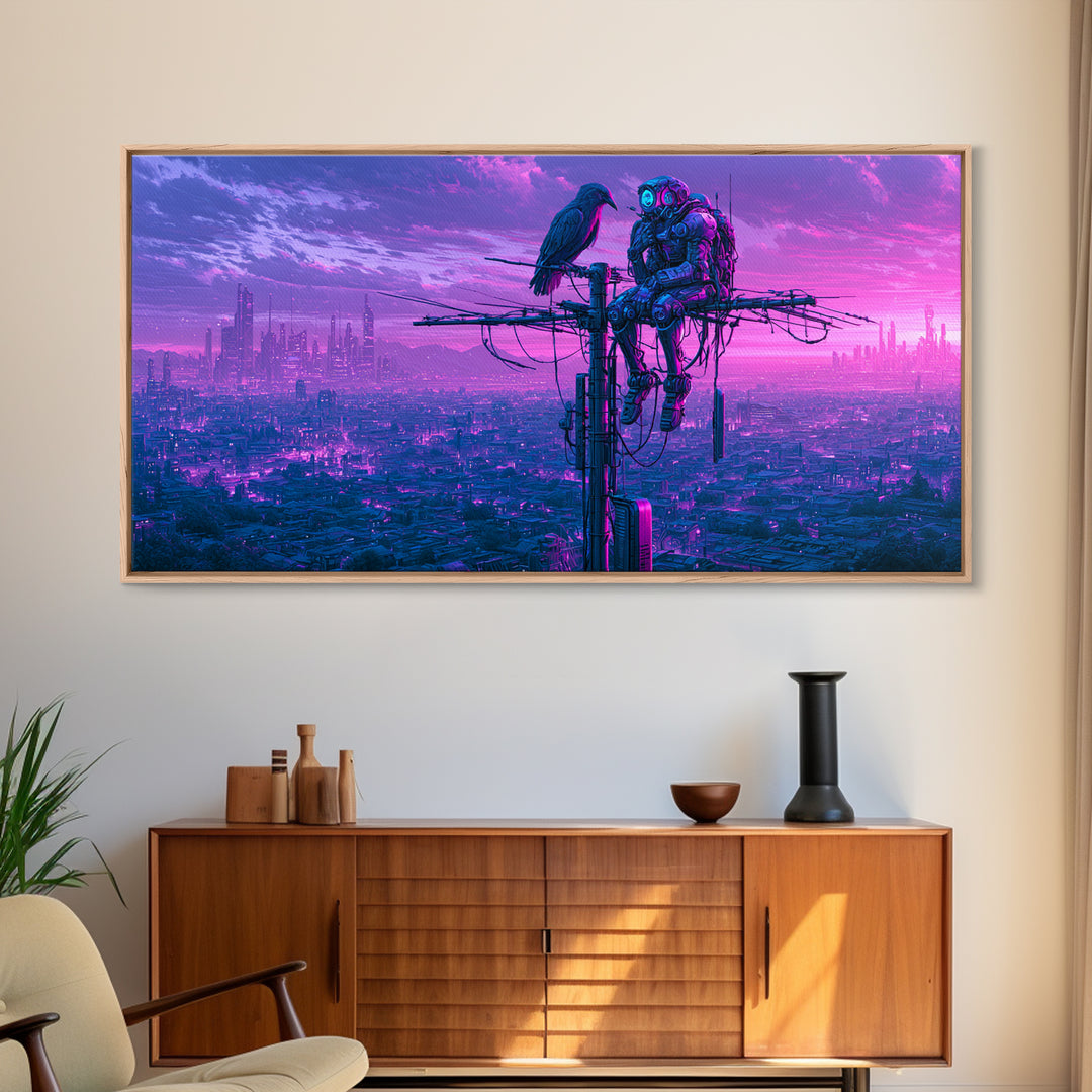 Robot Bird Perched on Antenna Framed Canvas Print, Scifi Art, Gallery Decor, Living Room Decor, Fine Art, Orbit, Wall Art, SCI-2x1-67