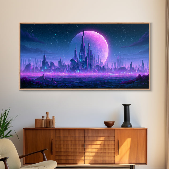 Futuristic City on a Moonlit World Canvas Print, Scifi Art, Weird Art, Living Room Decor, Abstract Art, Orbit, Art Print, SCI-2x1-71