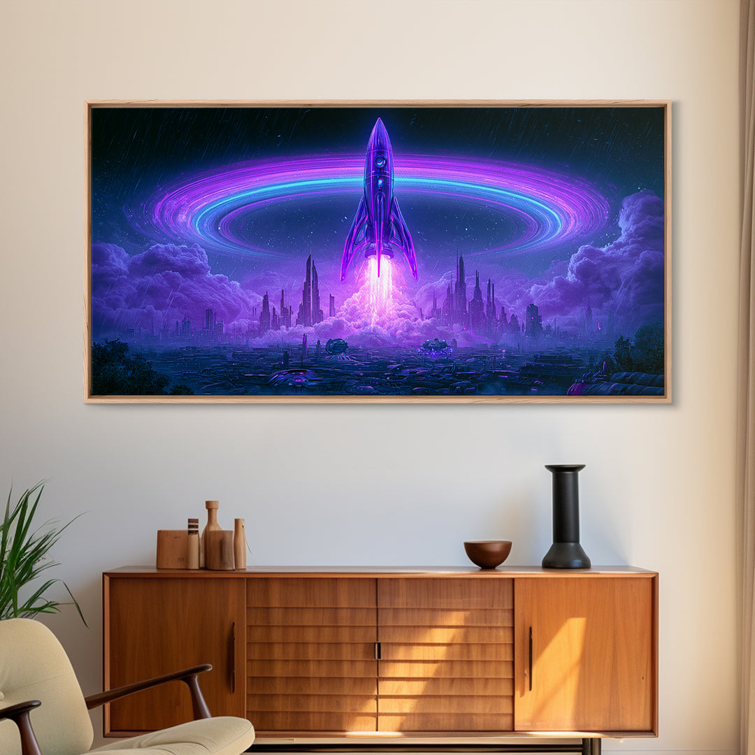 Retro Rocket Launching Through Cloud Rings Framed Canvas Print, Scifi Art, Art Print, Living Room Decor, Fine Art, Orbit, SCI-2x1-75