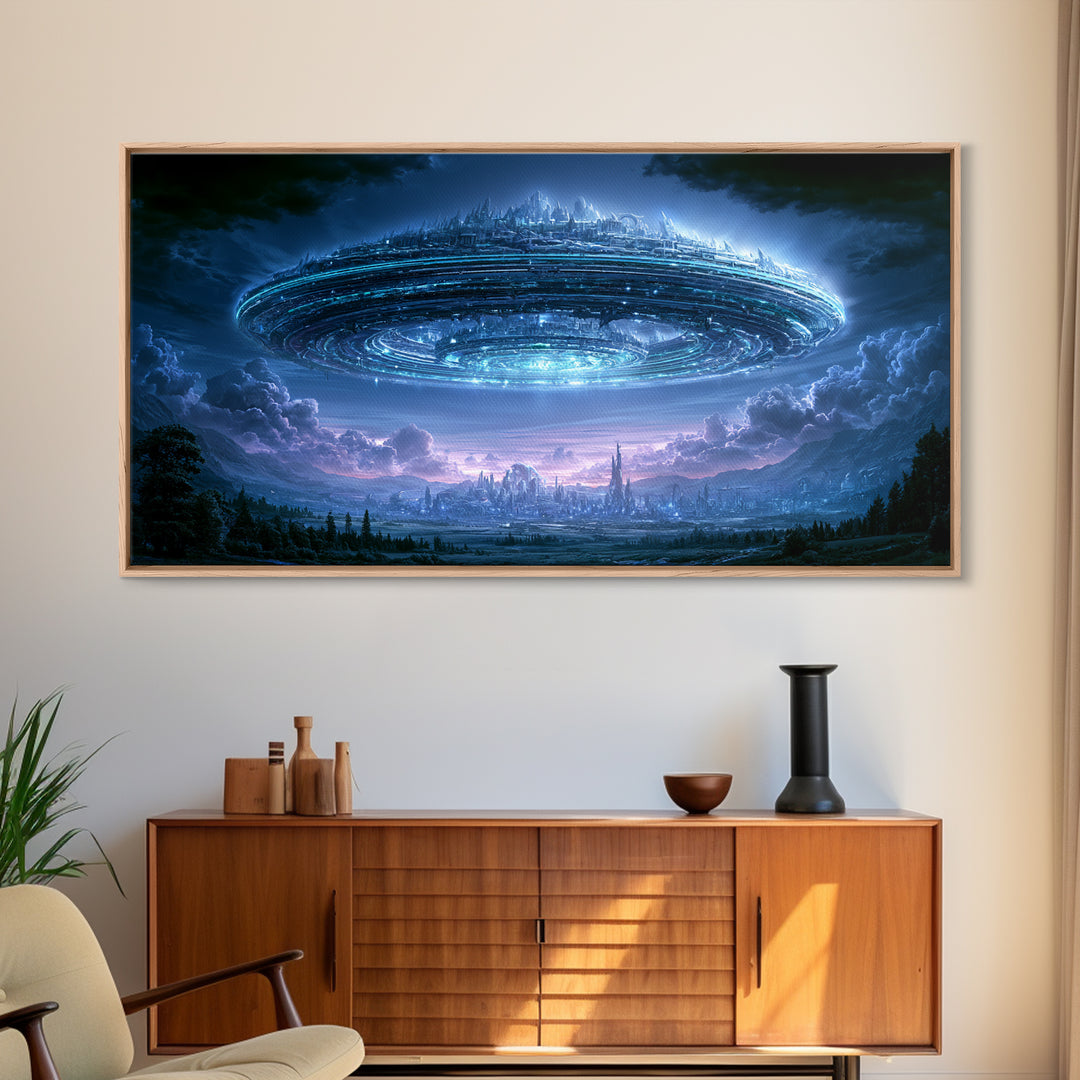 Giant Ring World Seen from a Valley Canvas Print, Scifi Art, Modern Art, Living Room Decor, Fine Art, Orbit, Retro Futurism Art, SCI-2x1-76
