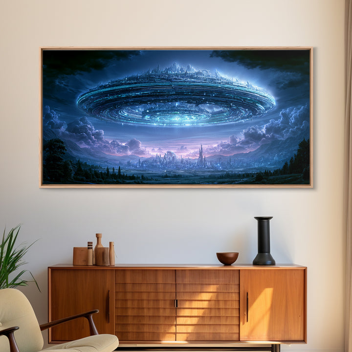 Giant Ring World Seen from a Valley Canvas Print, Scifi Art, Modern Art, Living Room Decor, Fine Art, Orbit, Retro Futurism Art, SCI-2x1-76