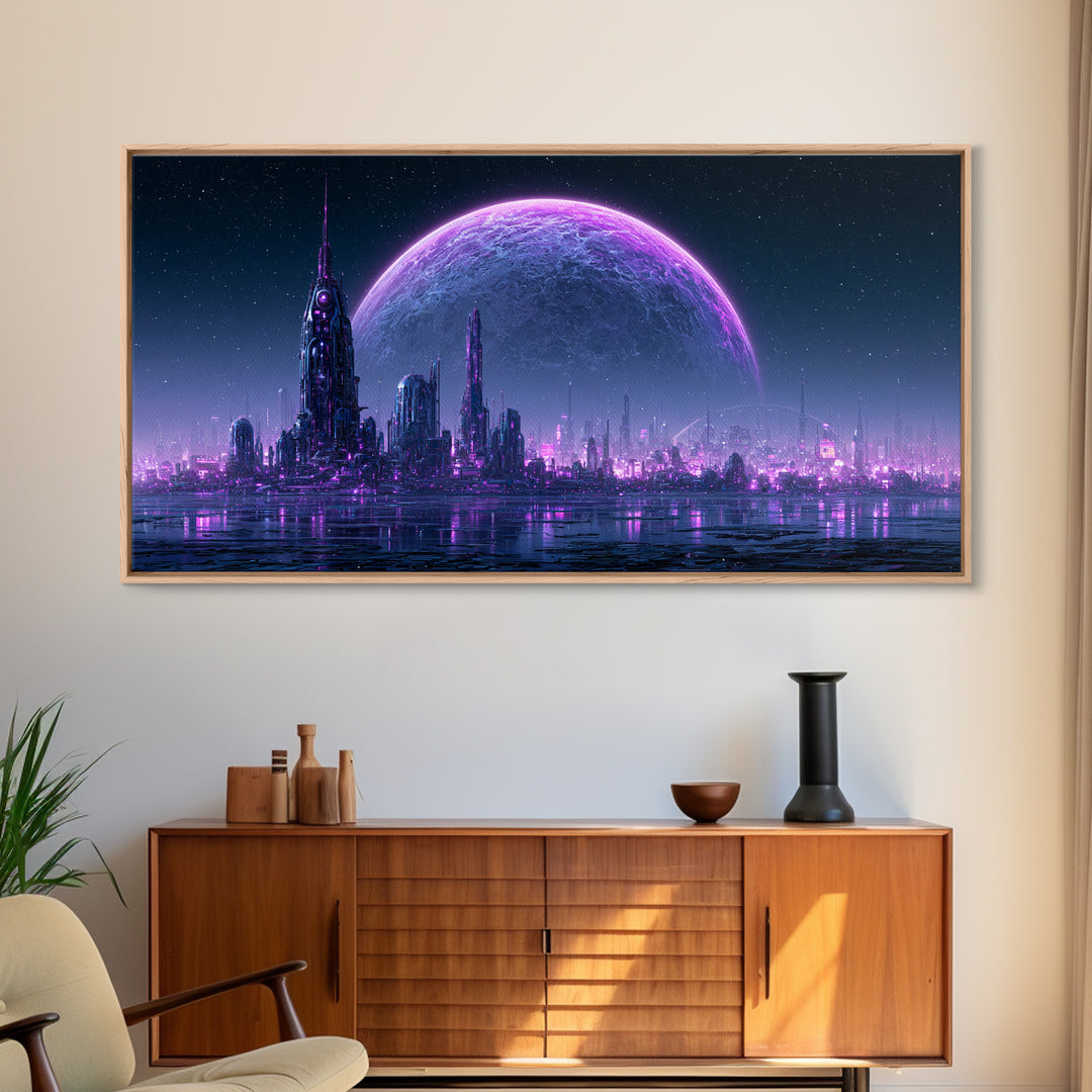 Moon Colony Beneath Earth Rise Framed Canvas Print, Scifi Art, Posters, Living Room Decor, Orbit, Pop Art, Mid Century Art, SCI-2x1-86