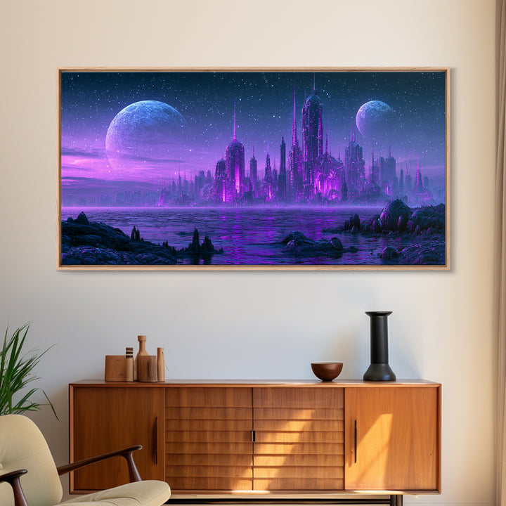Alien Ocean with Two Moons Framed Canvas Print, Scifi Art, Art, Living Room Decor, Fine Art, Orbit, Modern Art, Living Room Art, SCI-2x1-9