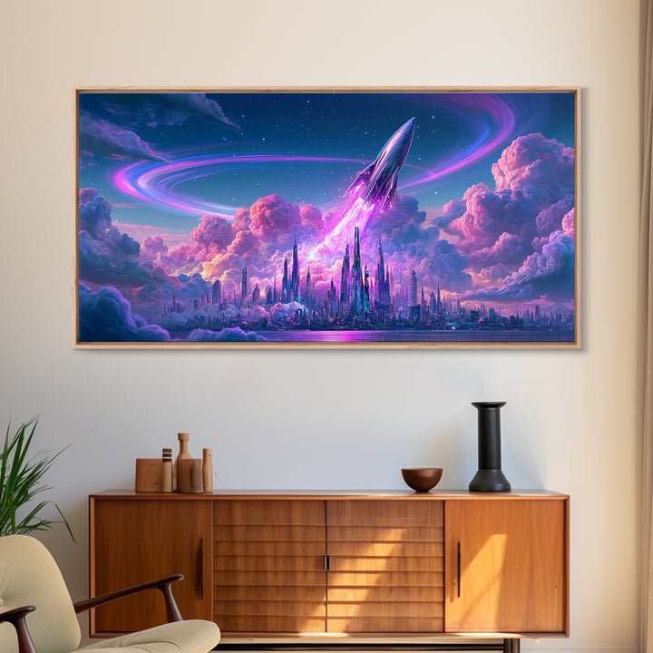 Retro Rocket Launching Through Cloud Rings Framed Canvas Print, Scifi Art, Pop Art, Living Room Decor, Fine Art, Orbit, SCI-2x1-99