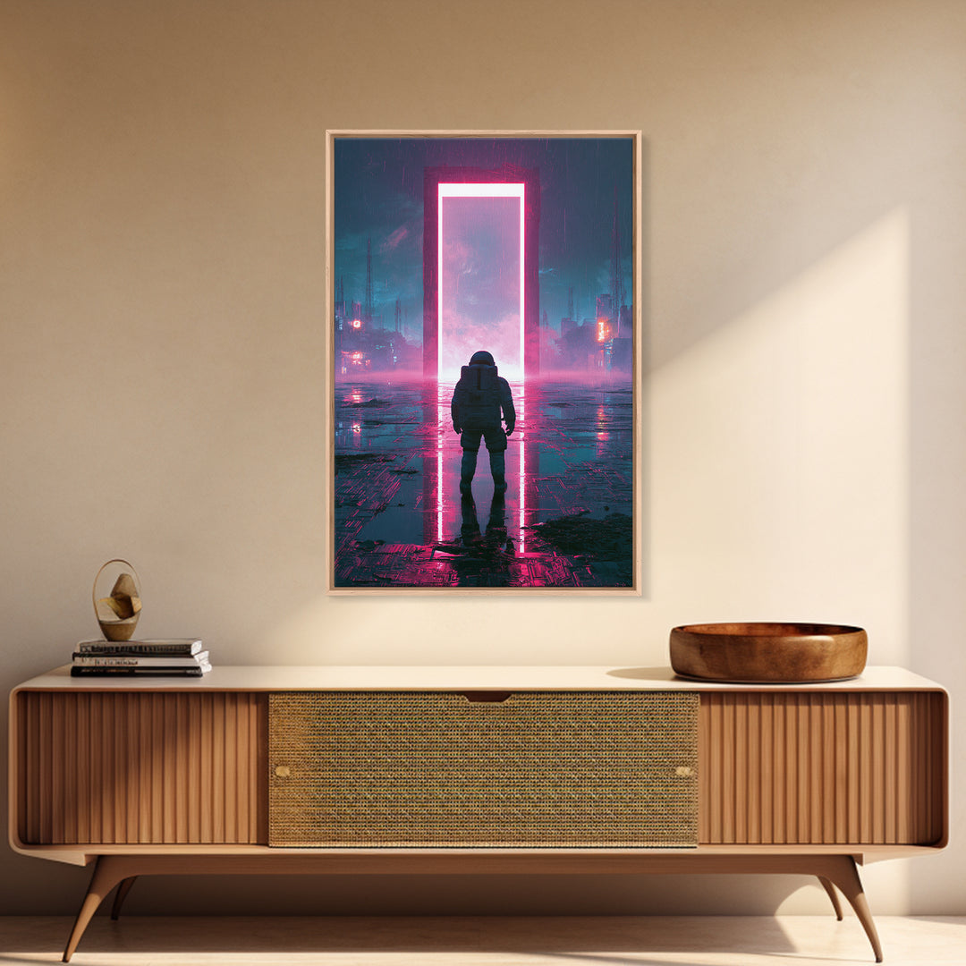 Astronaut Standing Before a Glowing Monolith Canvas Print, Scifi Art, Minimalist Decor, Living Room Decor, Fine Art, Orbit, SCI-2x3-10