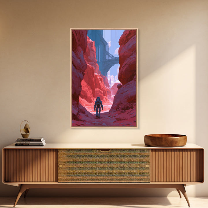 Robot Companion Crossing a Red Canyon Framed Canvas Print, Scifi Art, Decor, Living Room Decor, Orbit, Mid Century Art, SCI-2x3-12