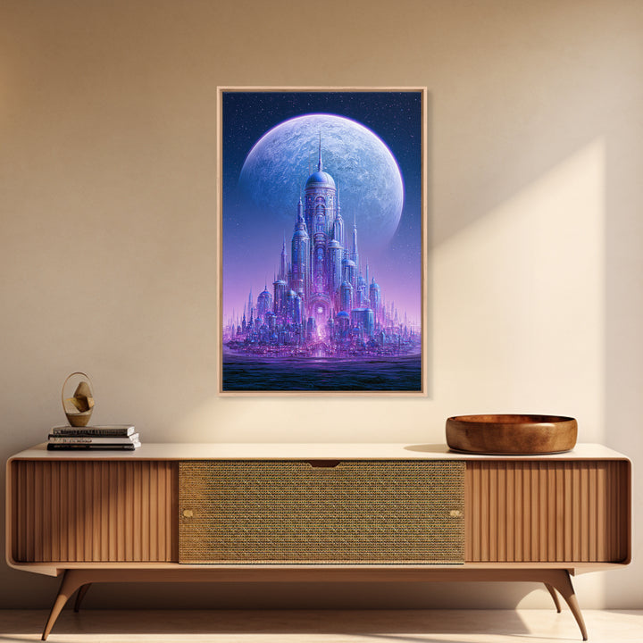 Moon Colony Beneath Earth Rise Framed Canvas Print, Scifi Art, Textured Painting, Living Room Decor, Abstract Art, Orbit, SCI-2x3-2