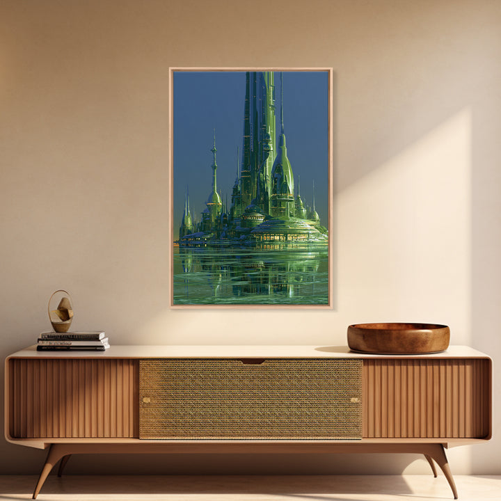 Terraforming Towers on a Silent Planet Framed Canvas Print, Scifi Art, Retro Wall Art, Living Room Decor, Oil Painting, Orbit, SCI-2x3-20