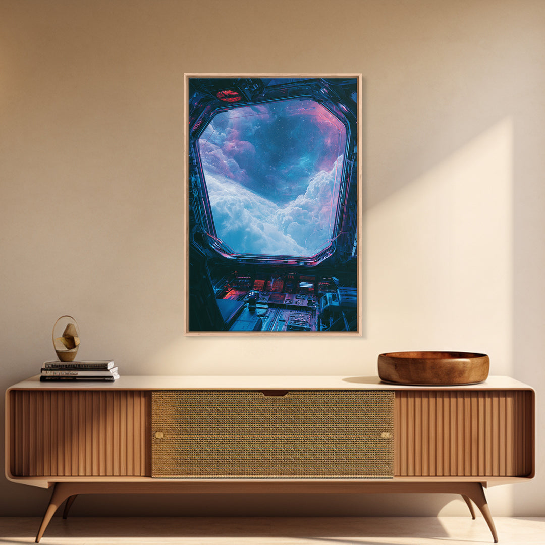 Starship Cockpit View of Nebula Clouds Framed Canvas Print, Scifi Art, Abstract Art, Living Room Decor, Fine Art, Orbit, SCI-2x3-43