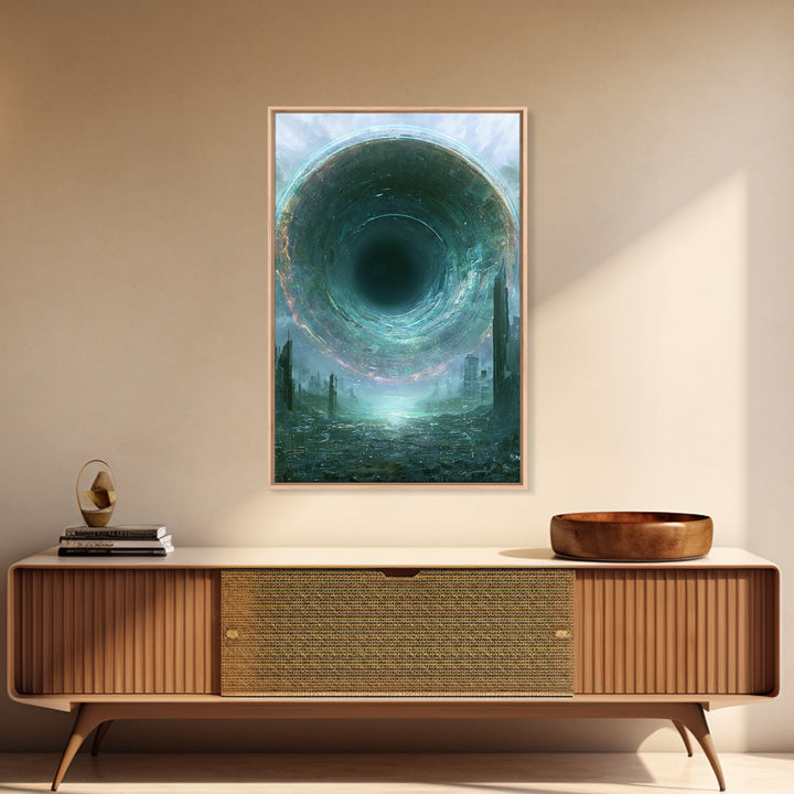 Wormhole Opening over Barren Landscape Framed Canvas Print, Scifi Art, Mid Century Art, Living Room Decor, Fine Art, Orbit, SCI-2x3-73