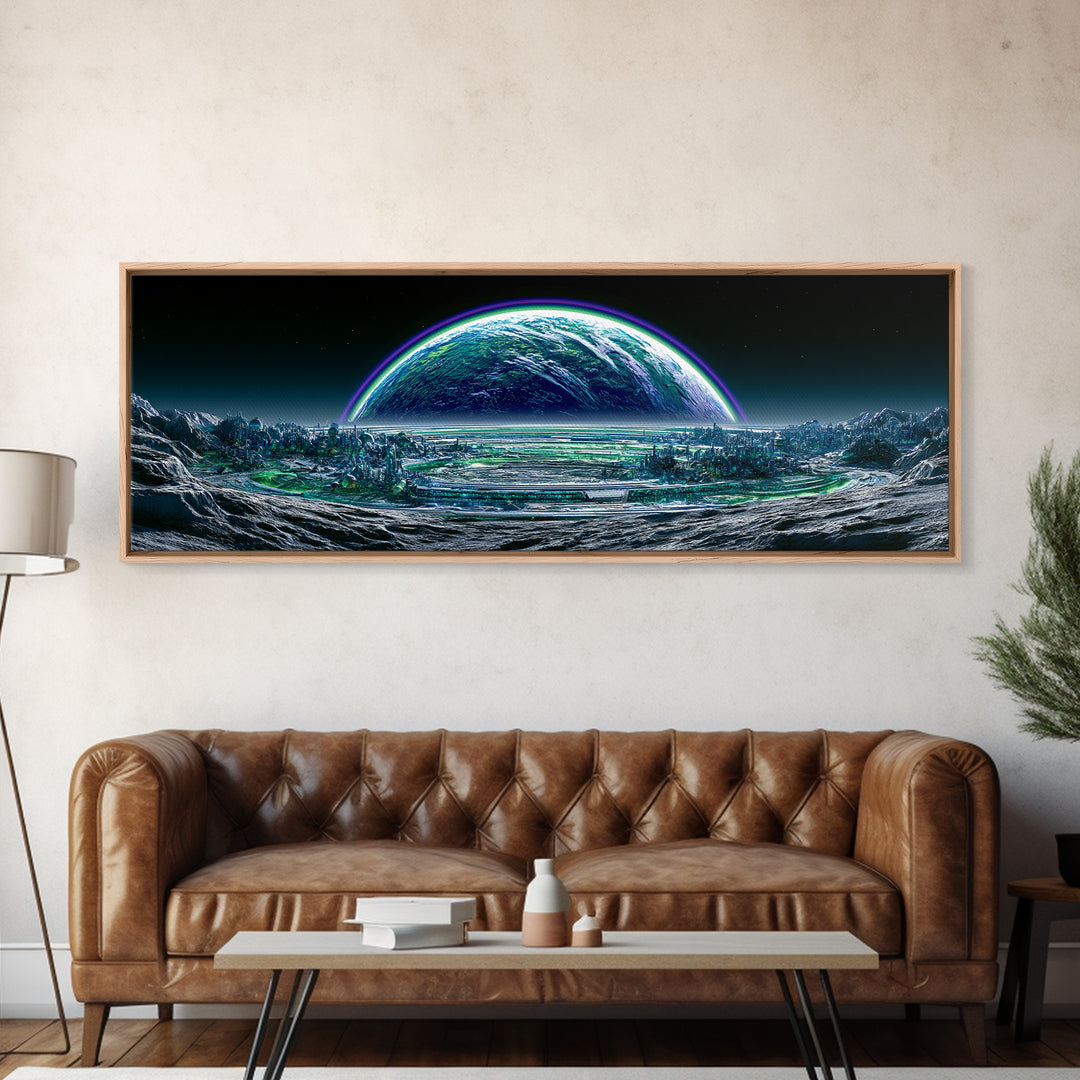 Moon Colony Beneath Earth Rise Framed Canvas Print, Scifi Art, Posters, Living Room Decor, Orbit, Pop Art, Mid Century Art, SCI-3x1-10