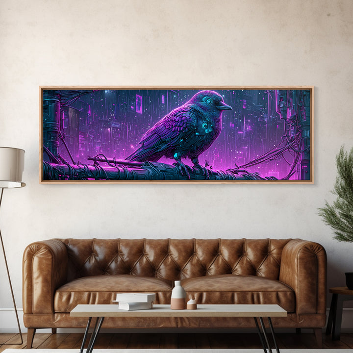 Robot Bird Perched on Antenna Framed Canvas Print, Scifi Art, Gallery Decor, Living Room Decor, Fine Art, Orbit, Wall Art, SCI-3x1-15