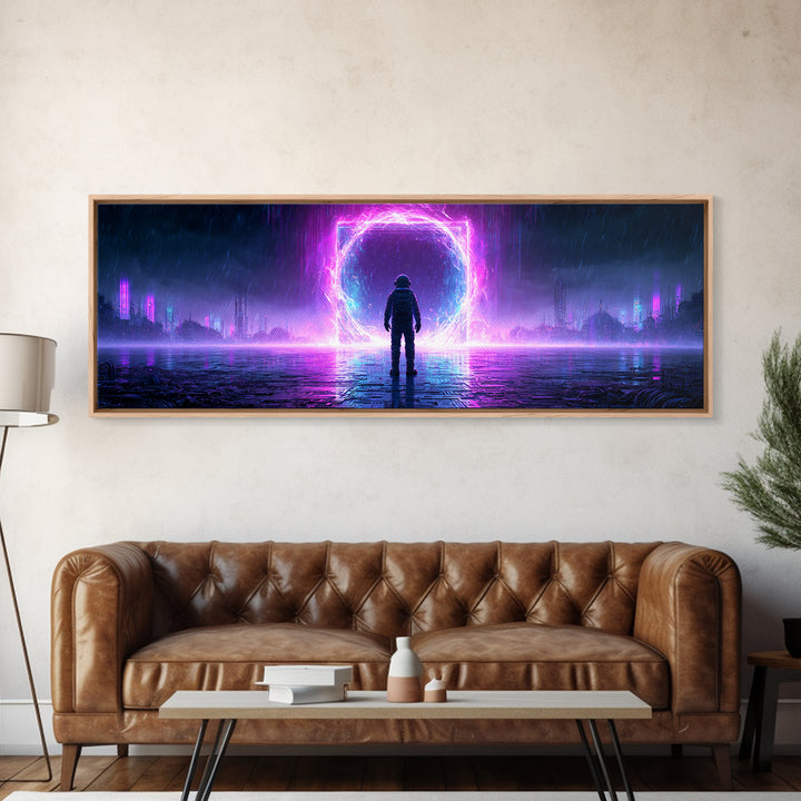 Astronaut Standing Before a Glowing Monolith Framed Canvas Print, Scifi Art, Canvas Print, Living Room Decor, Fine Art, Orbit, SCI-3x1-18