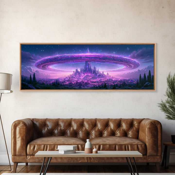 Giant Ring World Seen from a Valley Canvas Print, Scifi Art, Game Room Decor, Living Room Decor, Fine Art, Orbit, SCI-3x1-24