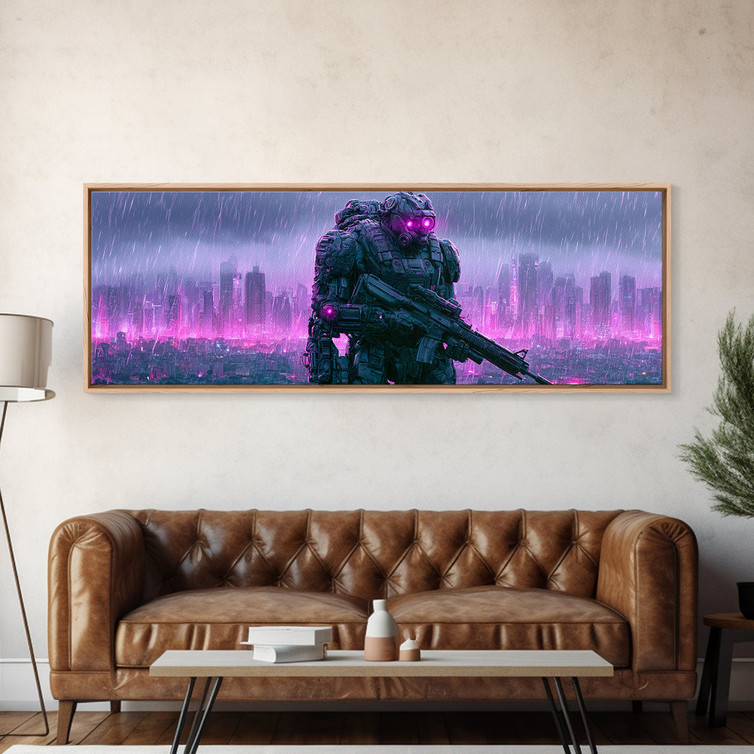 Mech Silhouette in Rainy Neon City Canvas Print, Scifi Art, Textured Painting, Living Room Decor, Abstract Art, Orbit, SCI-3x1-31
