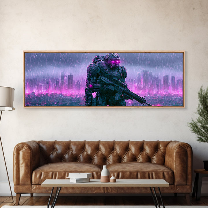 Mech Silhouette in Rainy Neon City Canvas Print, Scifi Art, Textured Painting, Living Room Decor, Abstract Art, Orbit, SCI-3x1-31