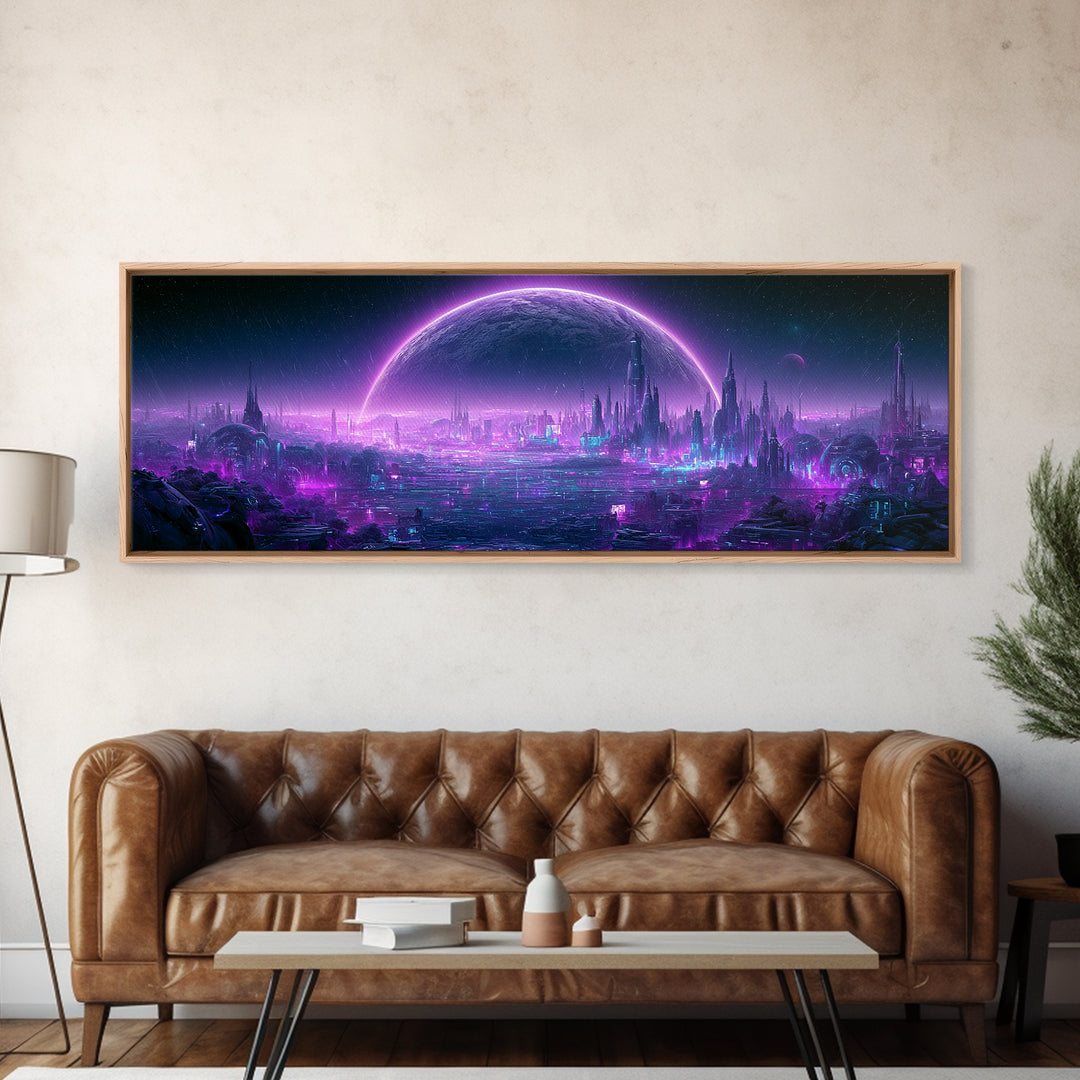 Moon Colony Beneath Earth Rise Canvas Print, Scifi Art, Ai Art, Living Room Decor, Abstract Art, Orbit, Star Wars Art, SCI-3x1-34