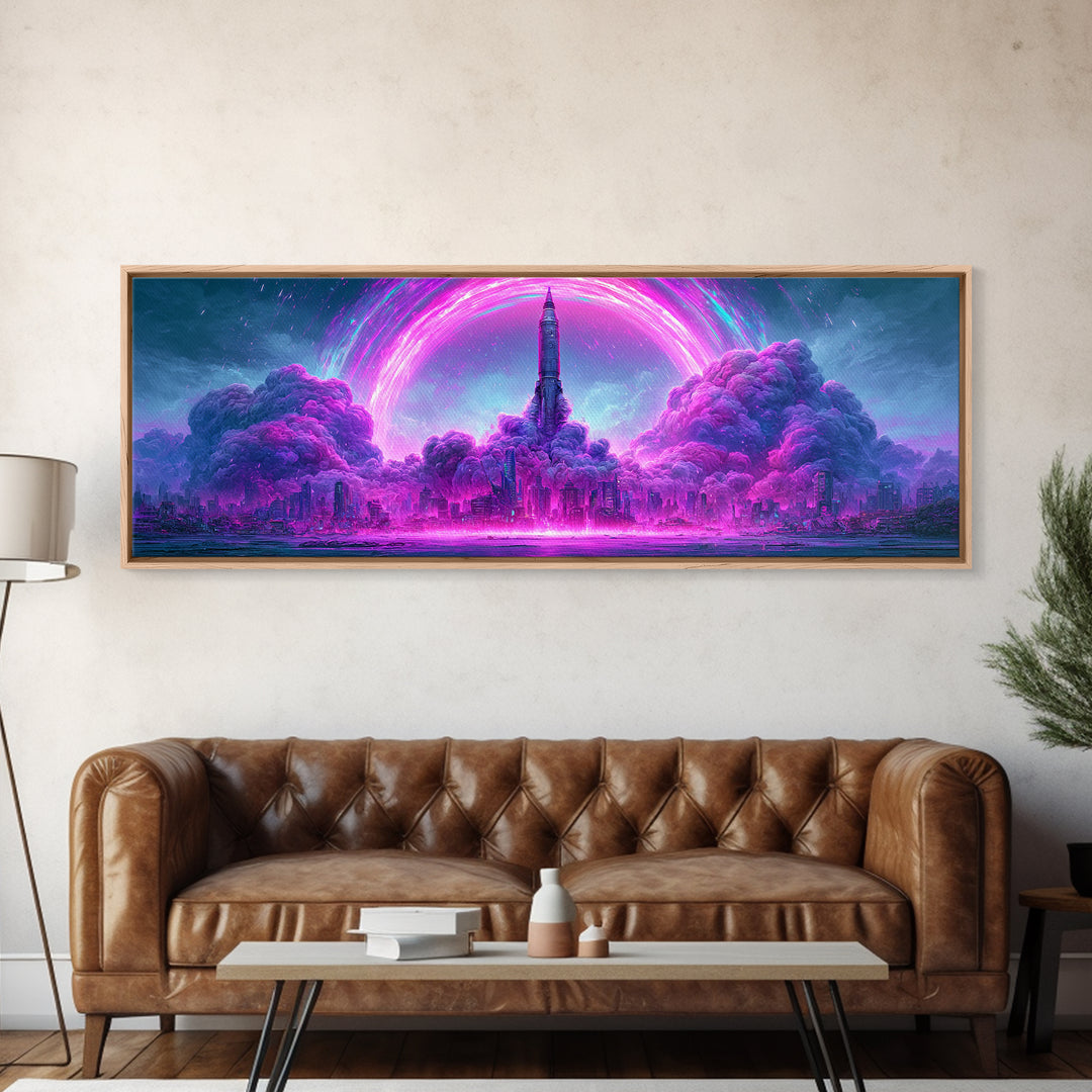 Retro Rocket Launching Through Cloud Rings Framed Canvas Print, Scifi Art, Decor, Living Room Decor, Oil Painting, Orbit, SCI-3x1-47