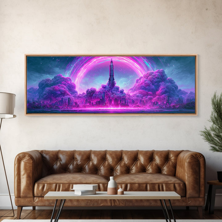 Retro Rocket Launching Through Cloud Rings Framed Canvas Print, Scifi Art, Decor, Living Room Decor, Oil Painting, Orbit, SCI-3x1-47