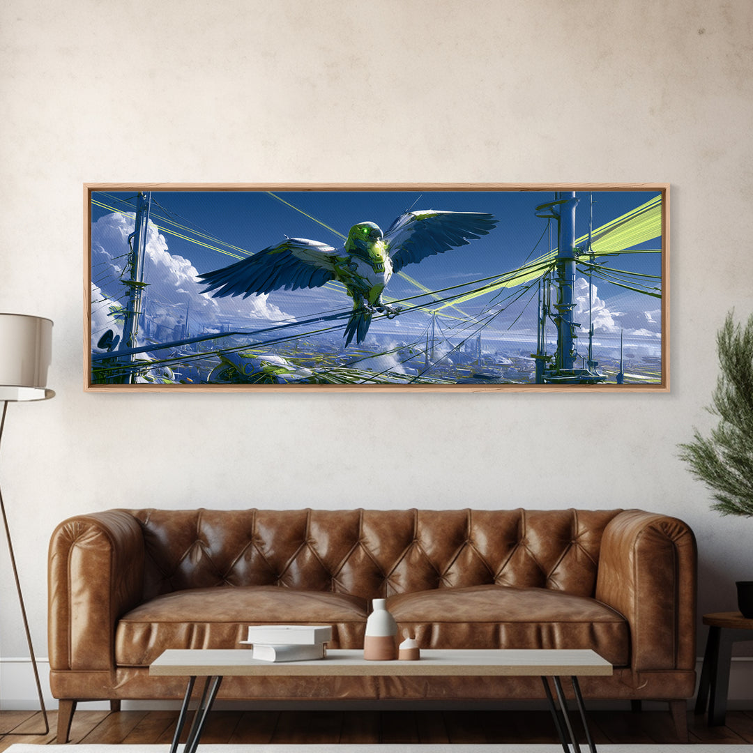 Robot Bird Perched on Antenna Framed Canvas Print, Scifi Art, Minimalist Decor, Living Room Decor, Fine Art, Orbit, Ai Art, SCI-3x1-63