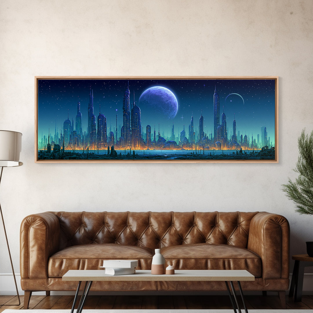 Futuristic City on a Moonlit World Framed Canvas Print, Scifi Art, Ai Art, Living Room Decor, Abstract Art, Orbit, SCI-3x1-67