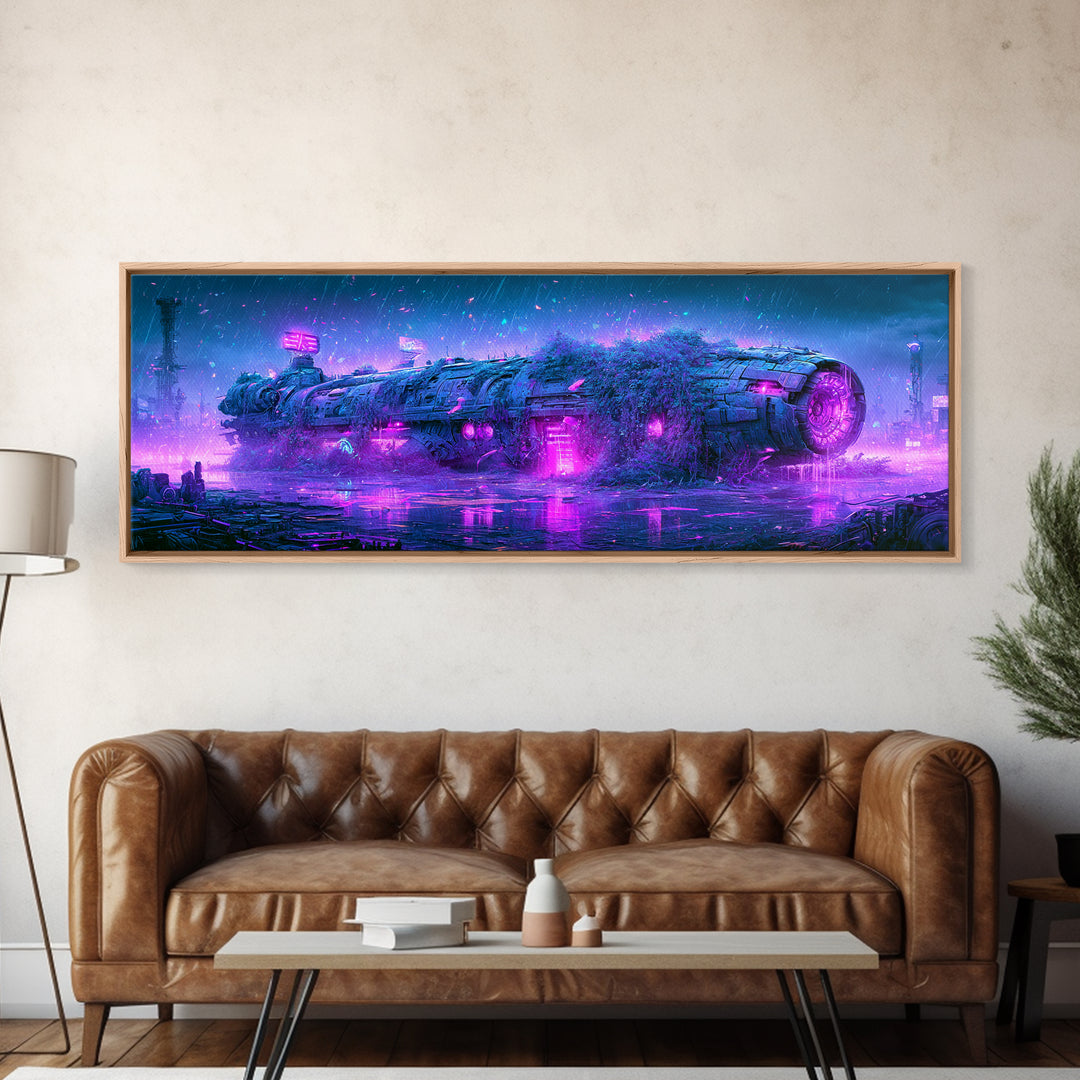 Abandoned Spacecraft Overgrown Framed Canvas Print, Scifi Art, Collage Art, Living Room Decor, Oil Painting, Orbit, SCI-3x1-74