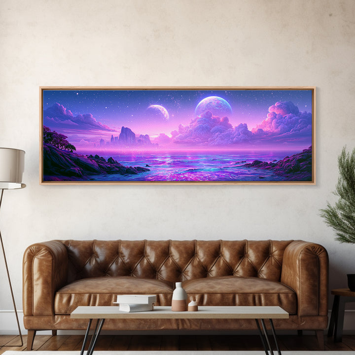 Alien Ocean with Two Moons Framed Canvas Print, Scifi Art, Fantasy Art, Living Room Decor, Oil Painting, Orbit, SCI-3x1-77