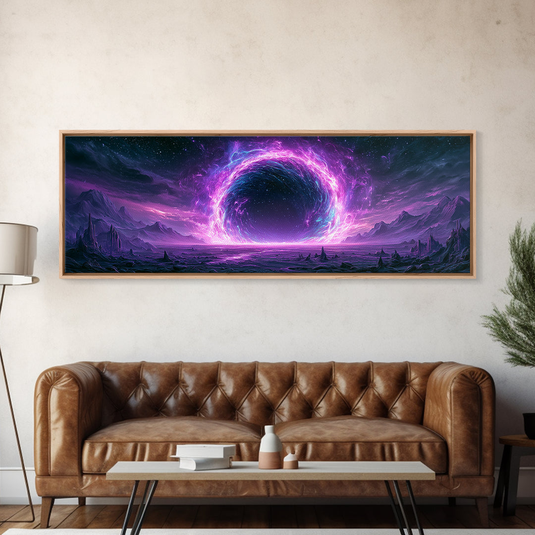 Wormhole Opening over Barren Landscape Framed Canvas Print, Scifi Art, Game Room Decor, Living Room Decor, Fine Art, Orbit, SCI-3x1-81