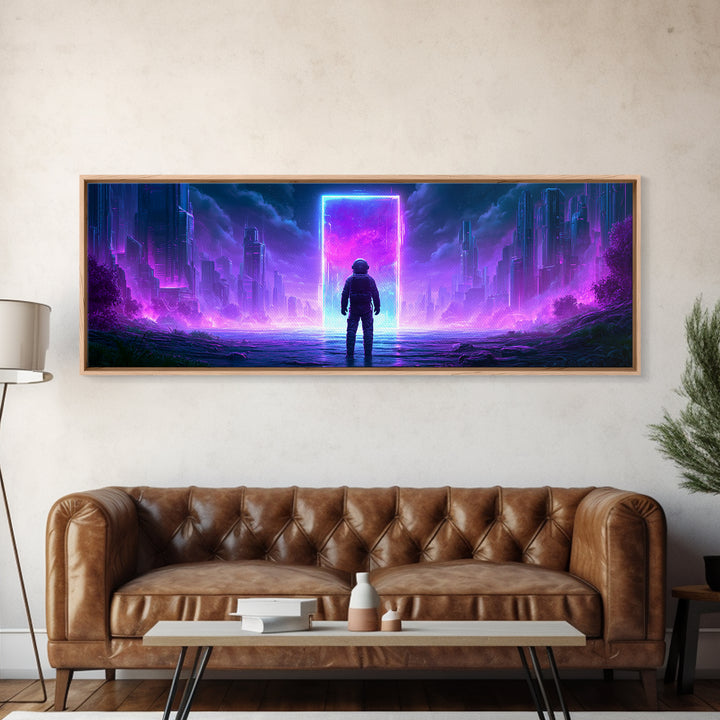 Astronaut Standing Before a Glowing Monolith Framed Canvas Print, Scifi Art, Space Art, Living Room Decor, Fine Art, Orbit, SCI-3x1-90