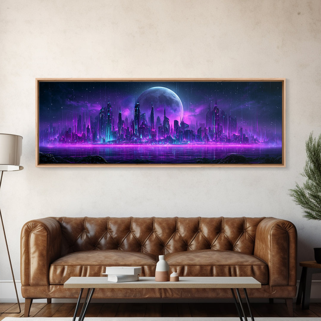 Futuristic City on a Moonlit World Canvas Print, Scifi Art, Posters, Living Room Decor, Orbit, Pop Art, Mid Century Art, SCI-3x1-91